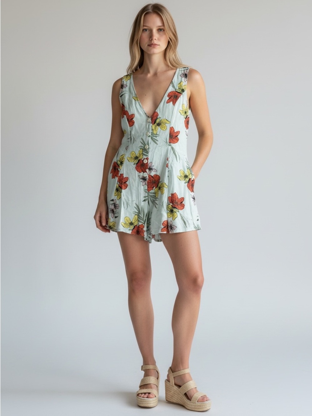 Floral V-Neck Sleeveless Romper  in Light Blue